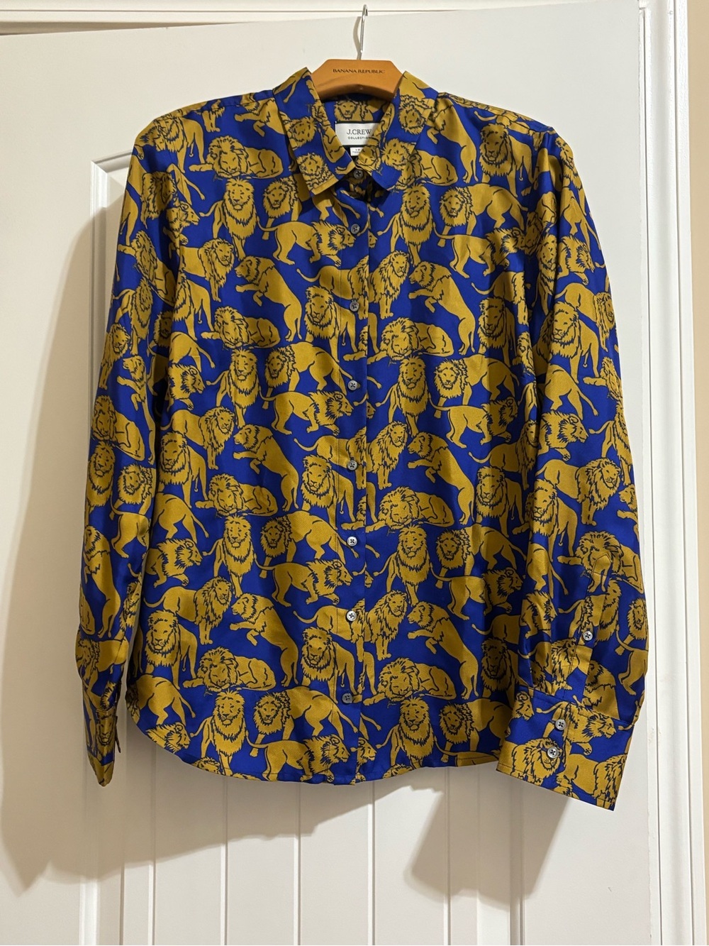 J. Crew Blue Button-Up Shirt with Gold Lion Print
